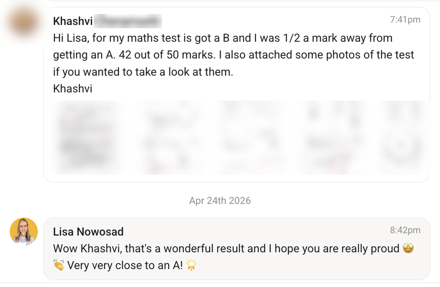 Student message: 42 out of 50, half a mark from an A