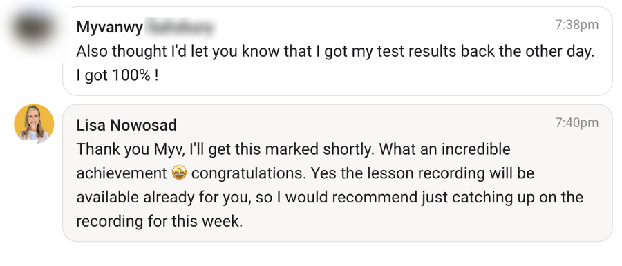 Student message: Got 100% on a test