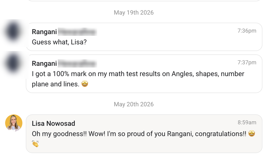 Student message: 100% on angles, shapes, number plane and lines