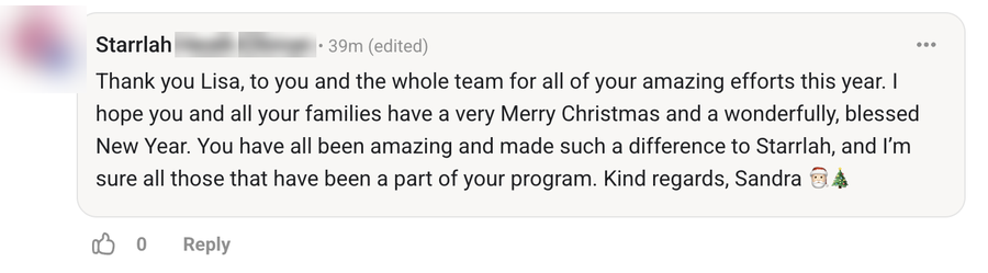Student message: A parent thanks Lisa and the team